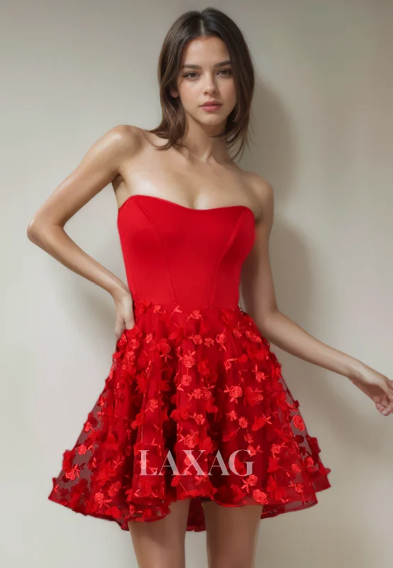 Luxury Women’s Fashion A-Line Strapless Floral Embossed Tulle Elegant Party Homecoming Dress