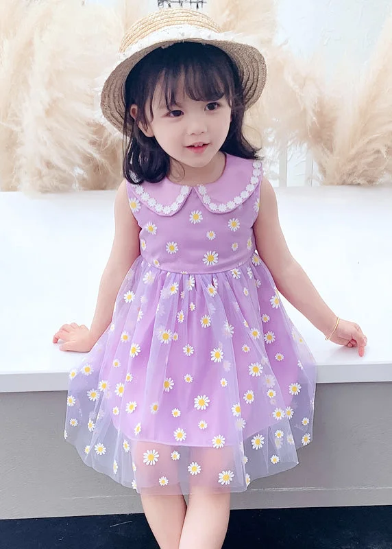 Women's Clothes Chic Purple Floral Wrinkled Tulle Kids Party Long Dress Sleeveless