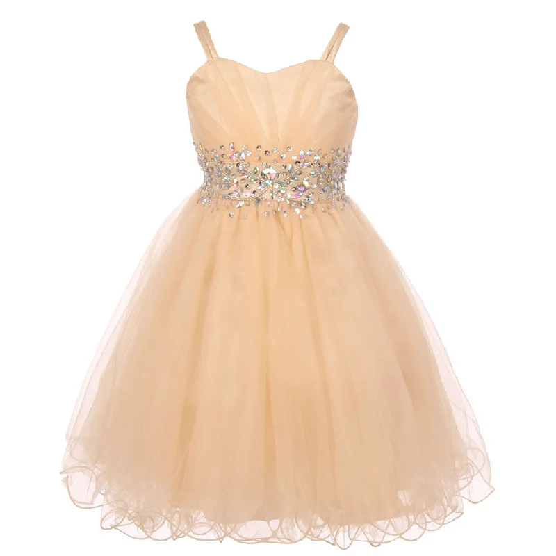 Huge Markdowns Little Girls Champagne Stone Encrusted Pleated Tulle Party Dress 2-6