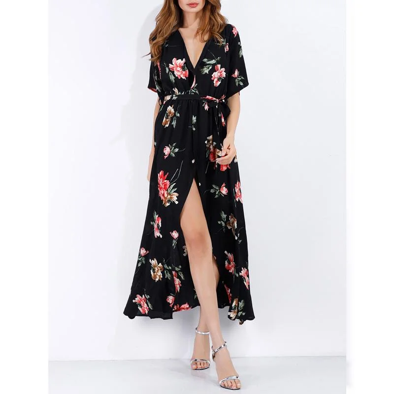 Casual Fashion Trends for Women Black Floral Print Long Maxi Dress