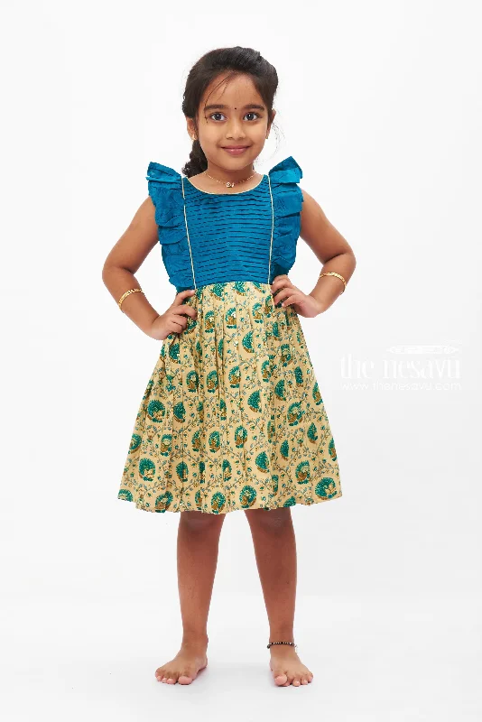 Latest Fashion Teal Blue and Beige Traditional Peacock Printed Baby Frock for Girls