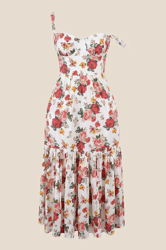 Elegant Women’s Fashion Square Neck Floral Print A-line Midi Dress