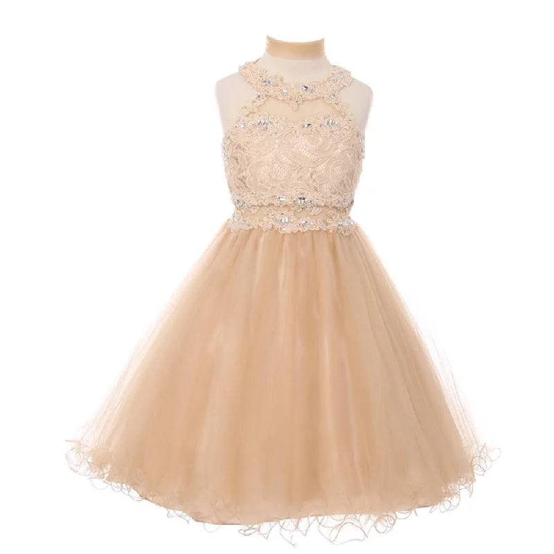 New Styles Just In Little Girls Champagne Rhinestone Halter Neck Lace Flower Girl Dress 4-6