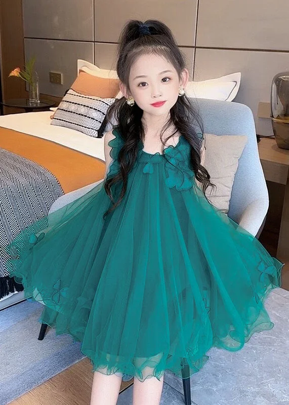 Flash Sales This Week Fashion Green O-Neck Floral Layered Tulle Kids Long Dress Sleeveless