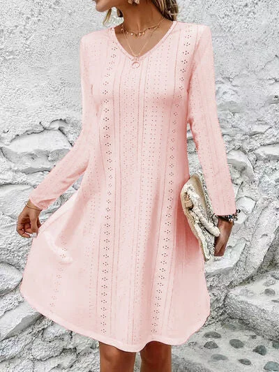 Stylish Everyday Clothing Eyelet V-Neck Long Sleeve Mini Dress