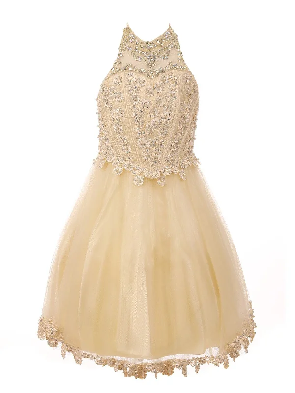 Travel Essentials Little Girls Champagne Halter Neck Rhinestone Sequin Flower Girl Dress 4-6