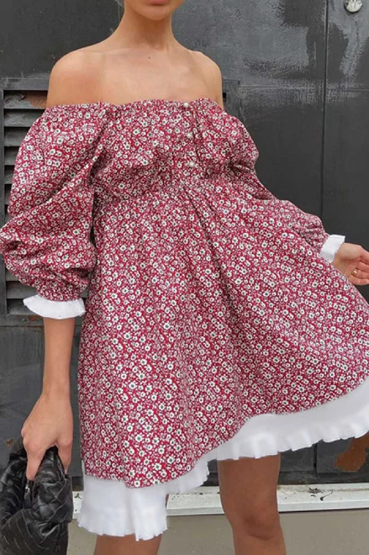 Fashion Women's Clothing Puff Sleeve Off-Shoulder Floral Babydoll Dress