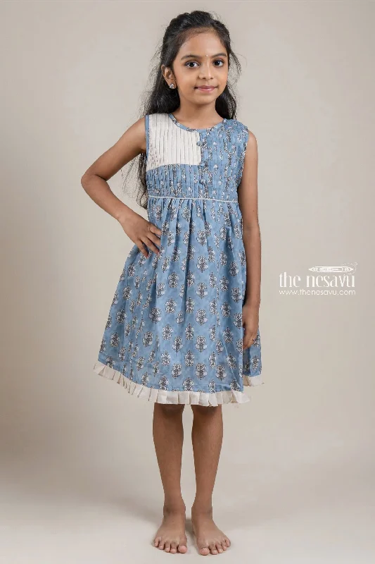 Trend Alert Adorable Hand Block Printed Sleeveless Blue Cotton Frock with Embellished Potli Button for Girls