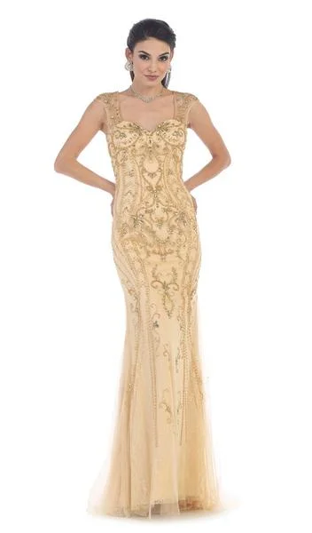 Women’s Casual and Dressy Outfits May Queen - RQ7408 Sleeveless Beaded Lace Sheath Evening Gown