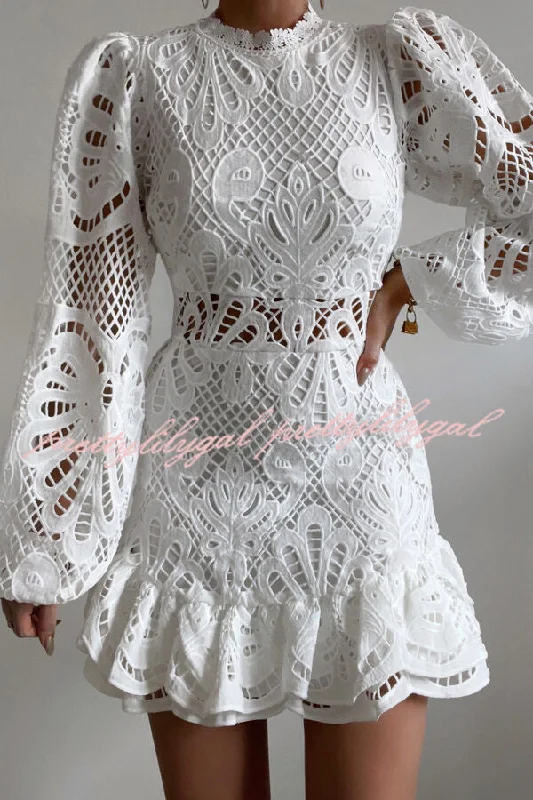 Special Offers Solid Color Hollow Long-sleeved Waisted Lace Mini Dress