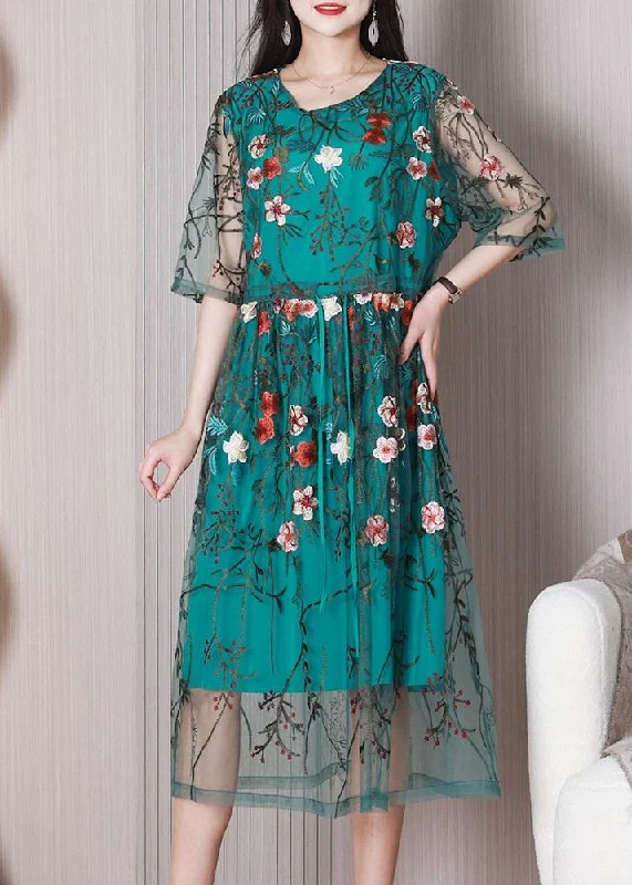 Women’s Trendy Outfits Elegant Green Embroideried Floral Tulle Holiday Dress Summer