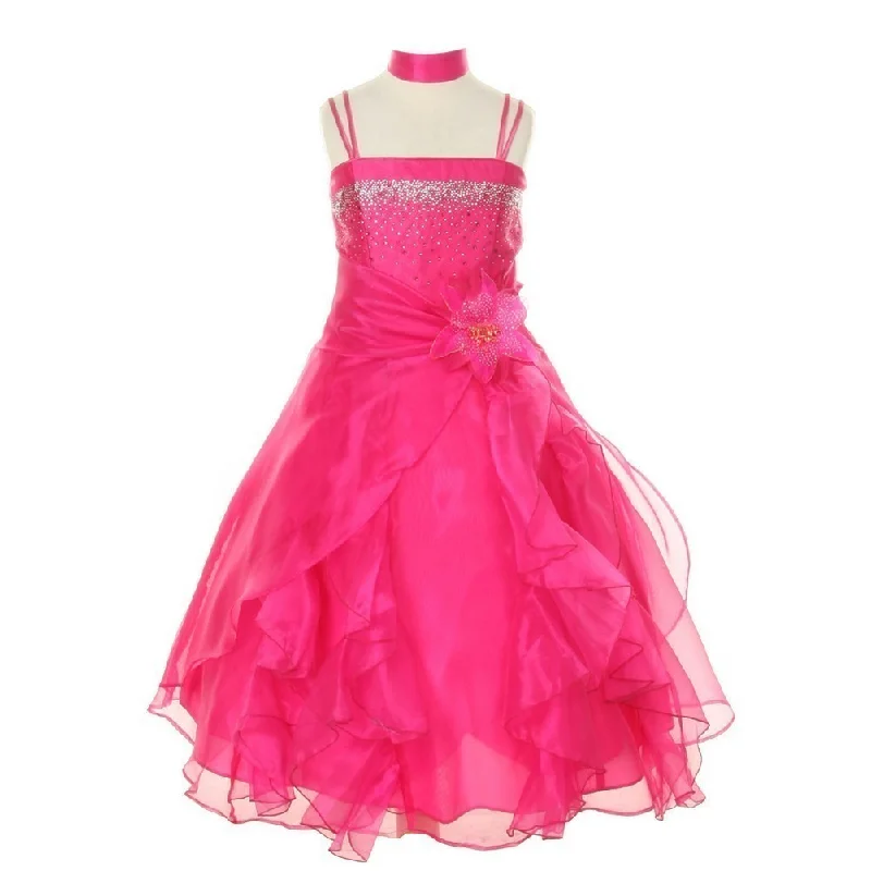 All Season Fashion Collection Little Girls Fuchsia Crystal Organza Cascade Ruffle Dress 2-6