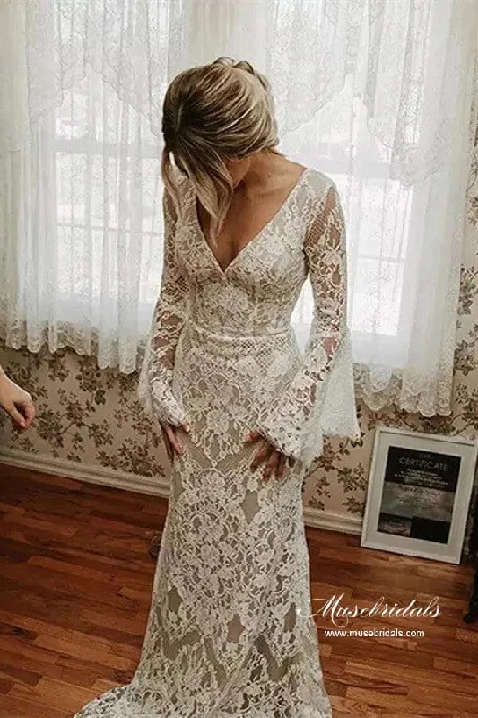 Women Wear Boutique Roycebridal Lace Mermaid V-neck Long Sleeves Backless Vintage Wedding Dresses, MW892