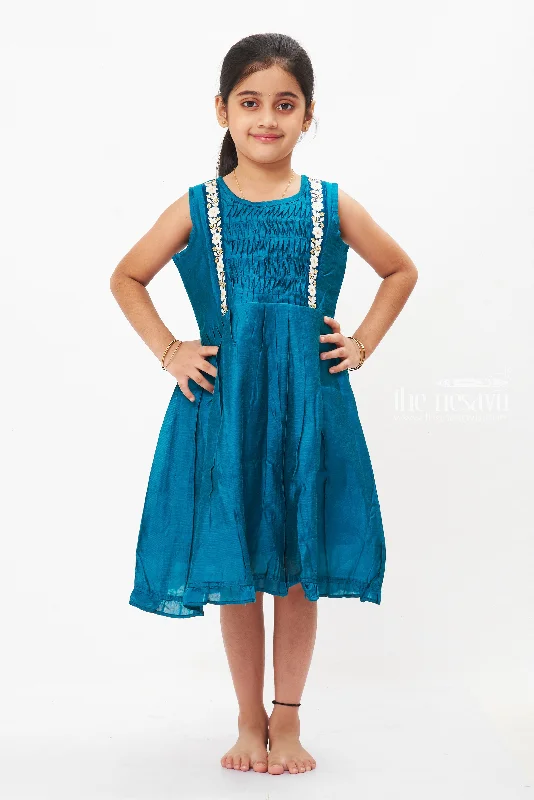 Fashion Sale Teal Blue Pleated Frock with Elegant White Lace Detailing for Girls