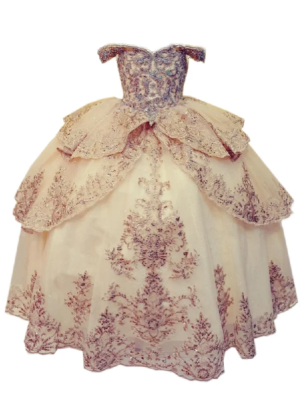 New Arrivals Little Girls Champagne Glittery Gold Embroidered Off Shoulder Ball Gown 3-6