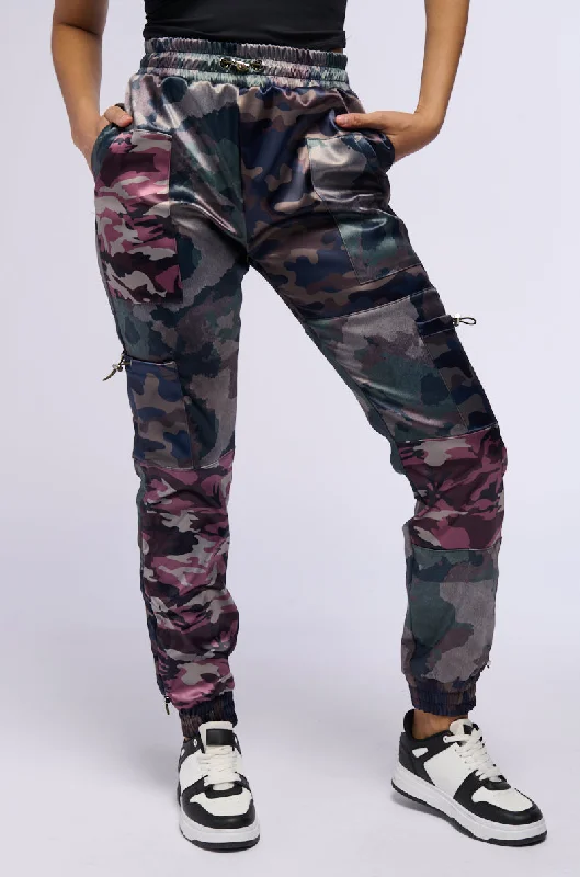 Online Clothing Boutiques AT YOUR SERVICE SATIN CAMO PRINT JOGGER