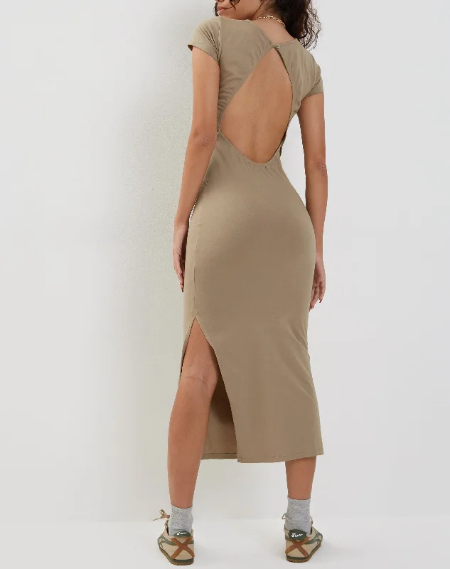 Fashionable Dresses for Women Kasor Open Back Midi Dress in London Fog