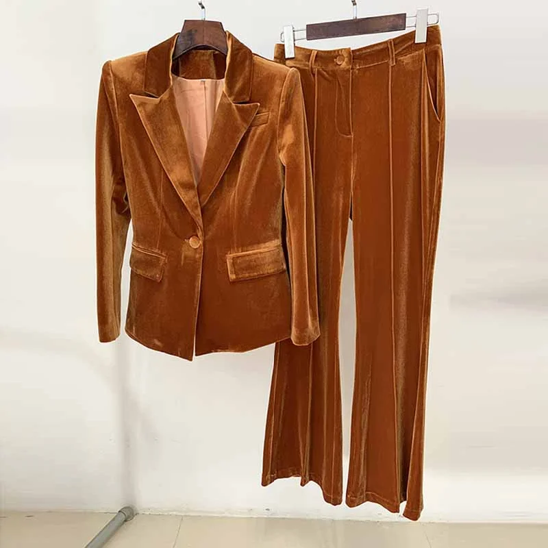 High End Women's Wear Women Velvet Pantsuit Brown Green Purple Blazer + Mid-High Rise Flare Trousers Pants