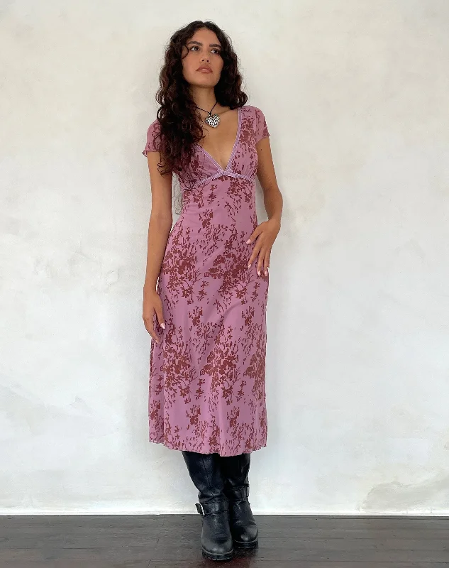 Shop Ladies Clothes Vilinia Midi Dress in Abstract Botanic Mauve