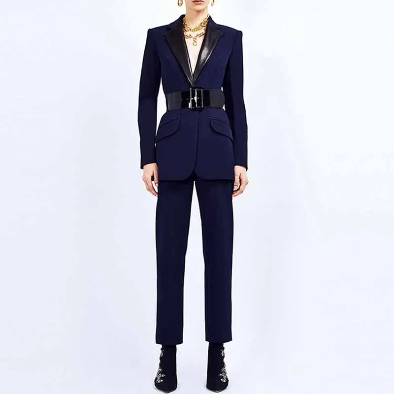 Sophisticated Style Women Dark Blue Pant Suits 2 Piece Fashion Suits with Belt Blazer Pant Formal Suits