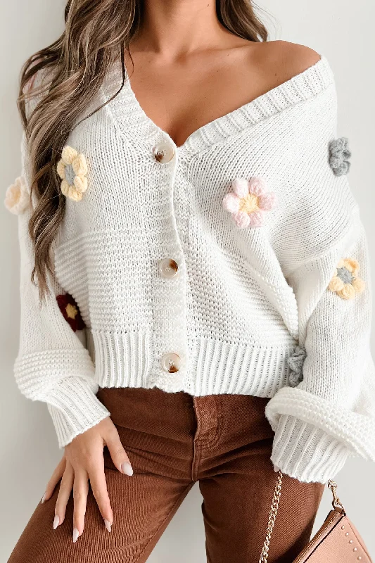 Best Boutiques Online I'll Grow On You Sweater Cardigan With Crochet Flowers (Ivory)