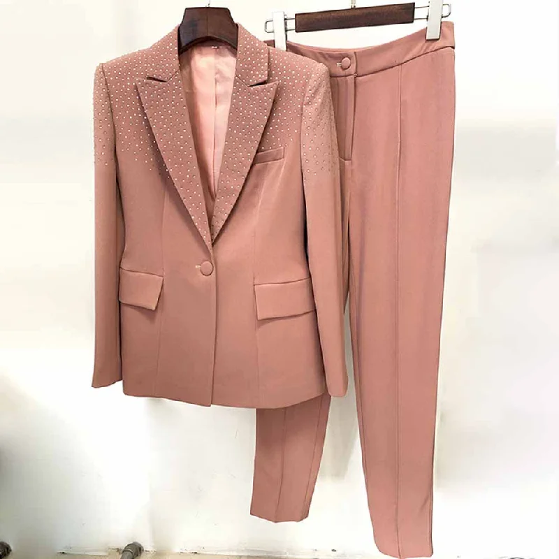 Chic Wardrobe Women's 2 Piece Pantsuit Camel One Button Drilling Suit Fashionable Set Slim Fit Blazer Pans Suits