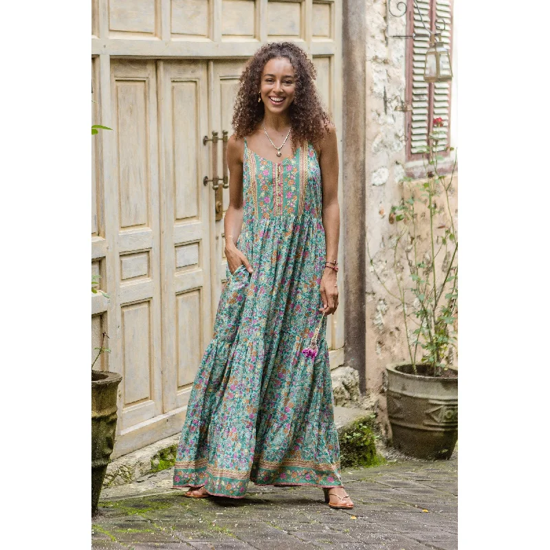 Modern Women’s Apparel Novica Handmade Mint Garden Rayon Batik Maxi Dress