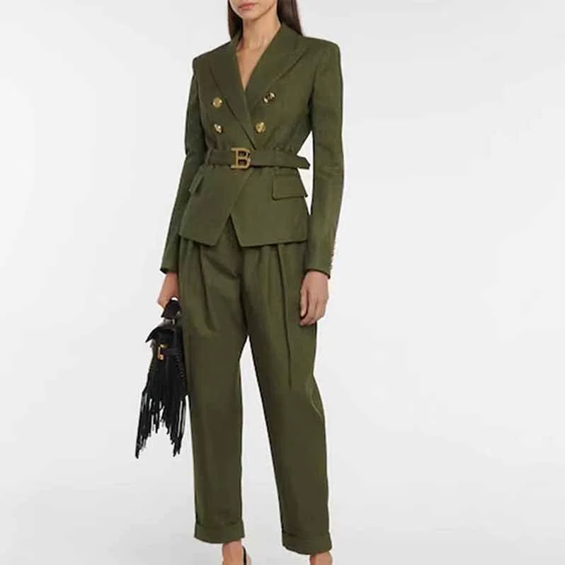 Seasonal Sale Women's Army Green Pantsuit +High Waisted Two Piece Pants Set Suits With Belt