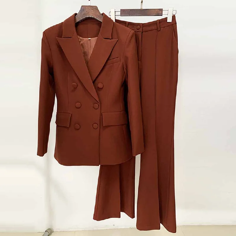 Premium Style Women Brown Beige Pantsuit Double Breasts Fitted Blazer + Mid-High Rise Flare Trousers Pants Suit