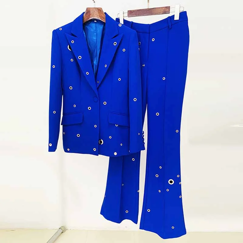 Comfortable Clothes Women Hand Made Metal Rings Blazer + Mid-High Rise Flare Trousers Pants Suit in Royal blue, Wedding Suit