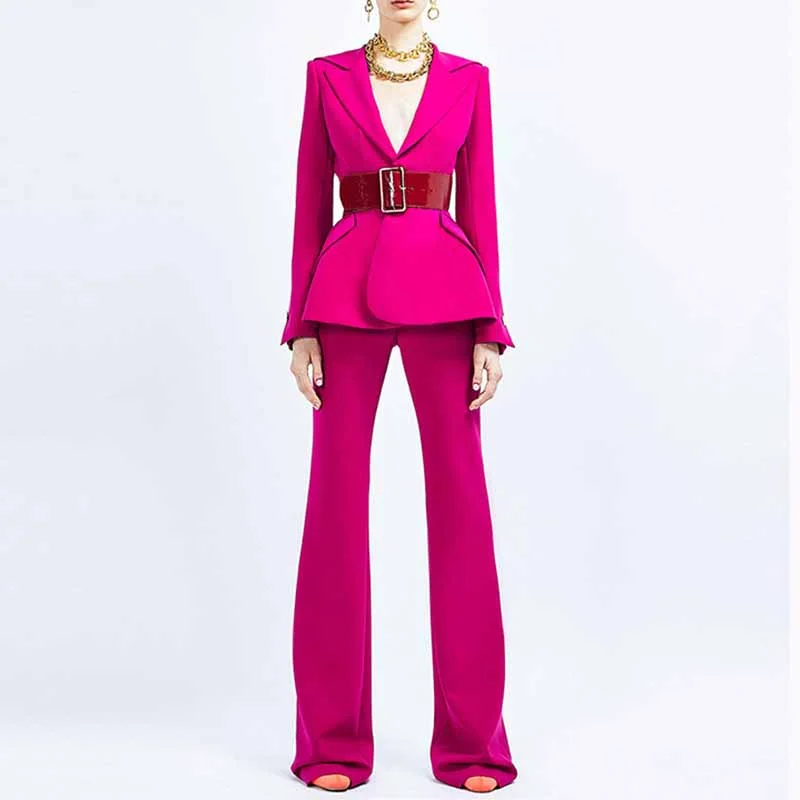 Modern Casual Clothing Women Pant Suits 2 Piece Fashion Suits with Belt Blazer Pant Formal Suits