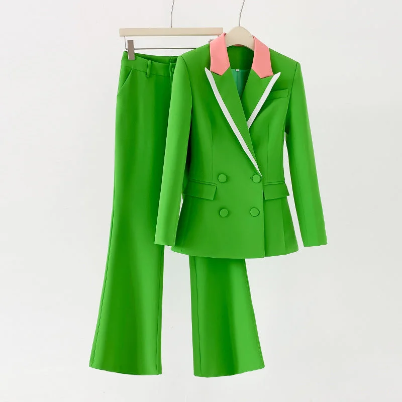 Bold Fashion Women Green Pantsuit fitted Blazer + Mid-High Rise Flare Trousers Suit Pantsuit