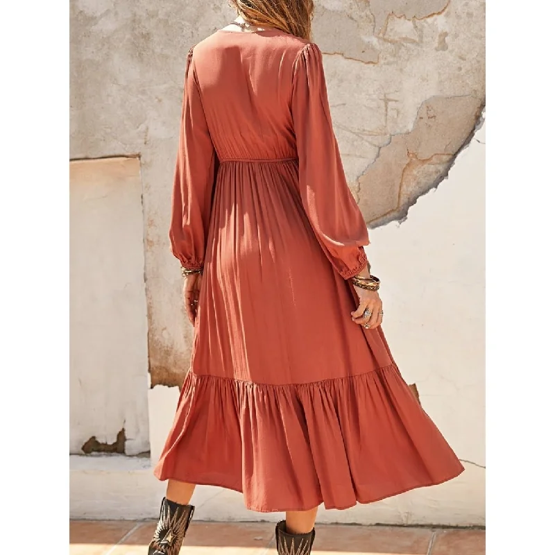 Elegant Women’s Clothing Online Ruched VNeck Long Sleeve Midi Dress