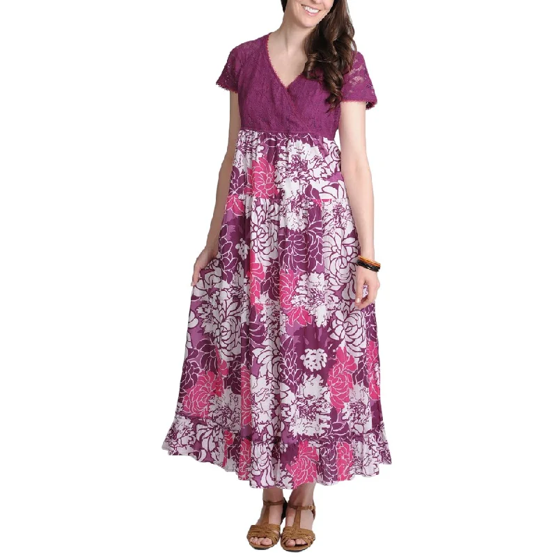 Fashion Forward La Cera Women's Purple Lace and Floral Two-Tone V-Neck Maxi Dress