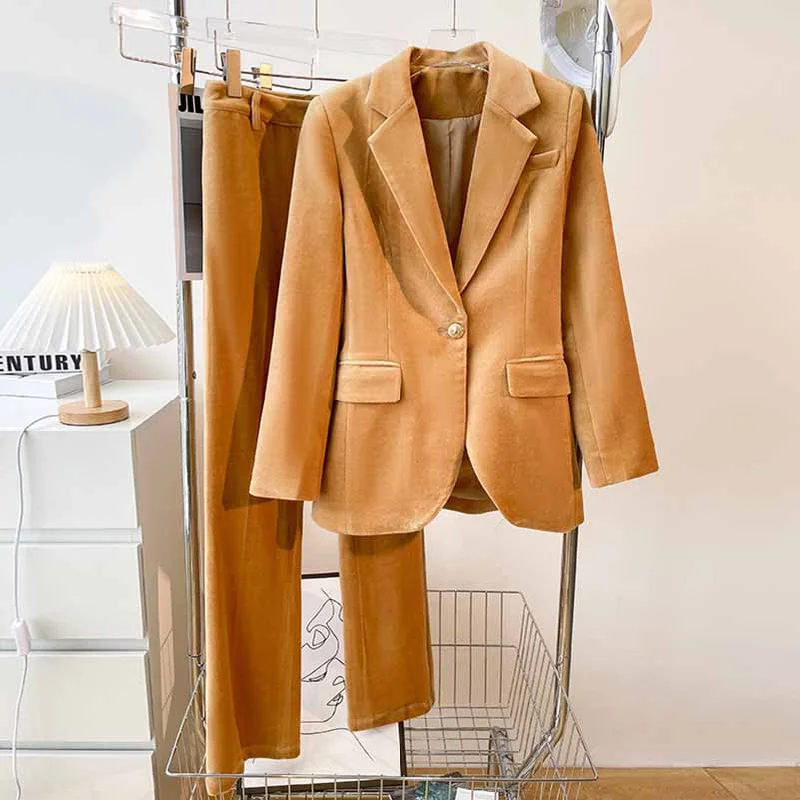 Street Style Fashion Women Camel One Button Suit with Pants Velvet Two Pieces Pantsuit