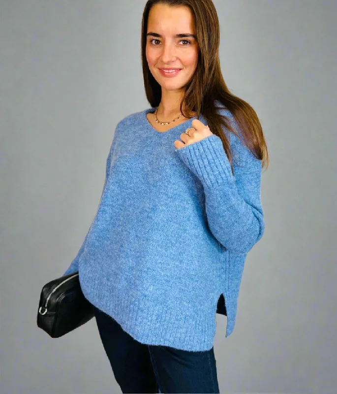 Casual Fashion Blue V Neck Wool Blend Jumper