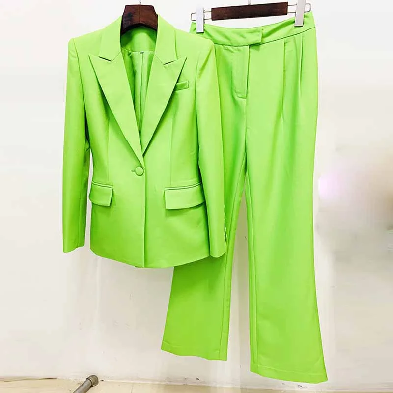 Bold Prints Casual Chic Women Suits 2 Piece Mint Green One Button Blazer With Flare Pants Suit