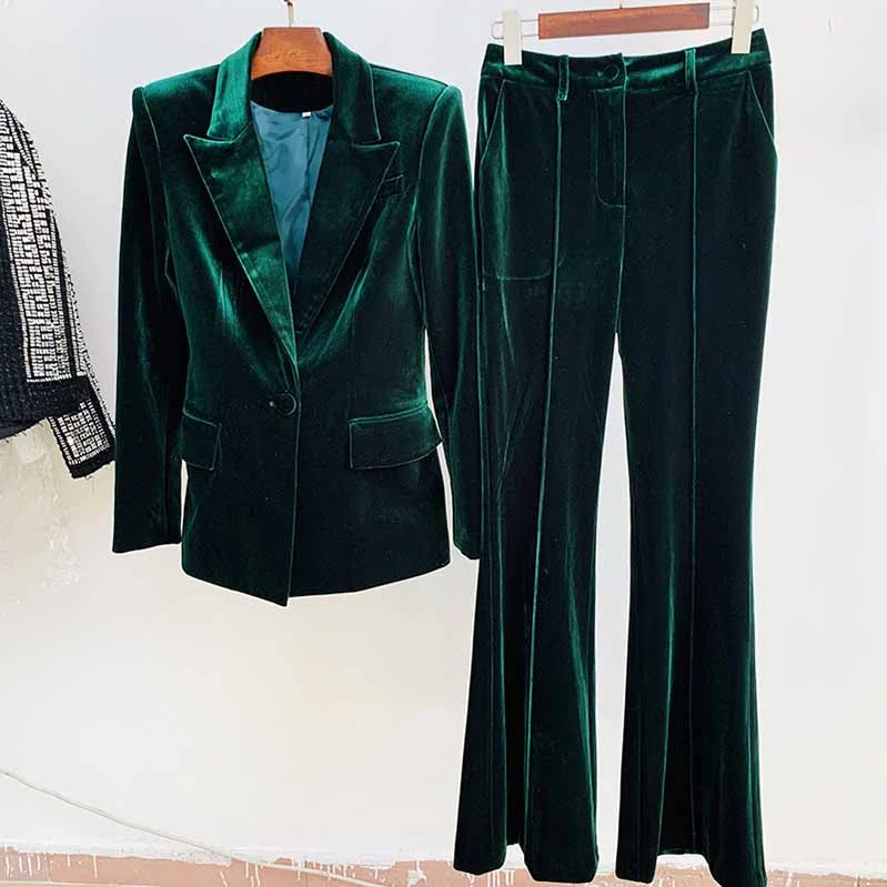 Online Boutiques Affordable Women Velvet Green Blazer + Flare Trousers Suit