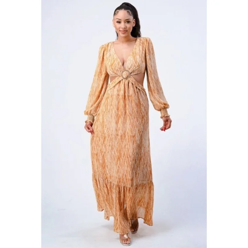 Women’s Fashion Essentials Ruffled Maxi Dress with V-Neck and Self-Belted Side Cut Out