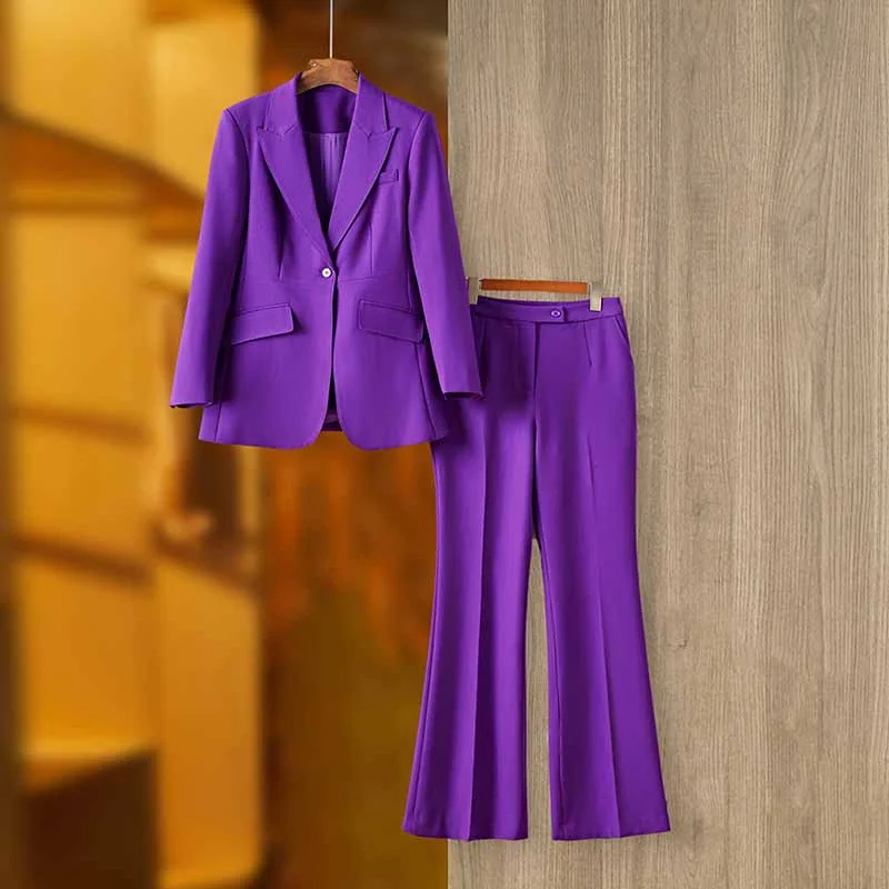 Relaxed Style Women Purple Pantsuit Fitted Blazer + Mid-High Rise Trousers Pantsuit Suit Party Wear